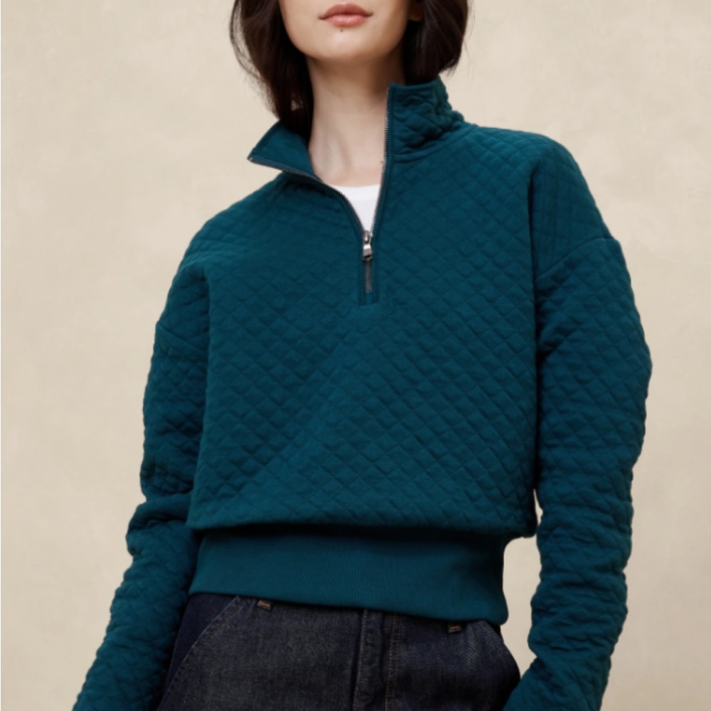 Banana Republic Factory Teal Quilted Quarter-Zip Pullover, Size XL
